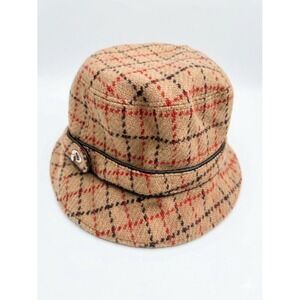 VTG. Coach Hat Tan Wool Brown Orange Plaid Leather Band Bucket Equestrian Women